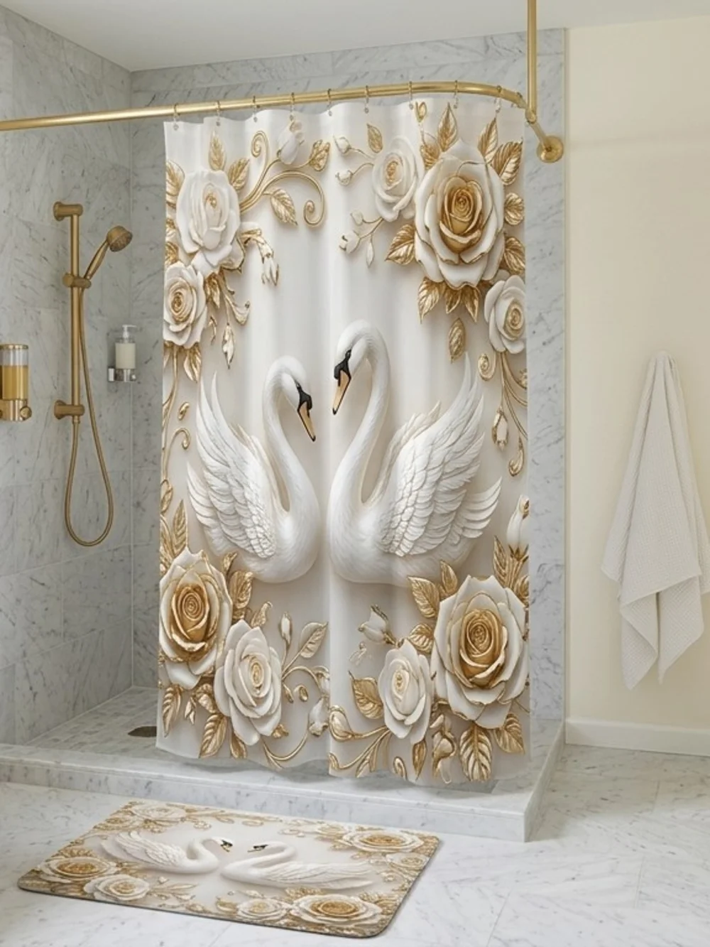 Swans In Love 2D Elegant Ivory & Gold Decor Luxury Shower Curtain
